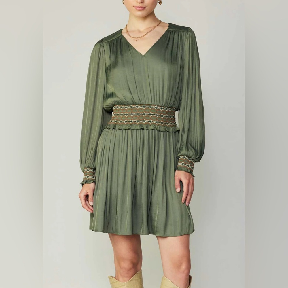 Current Air Olive Green Smocked Embroidered V Neck Dress New Size S